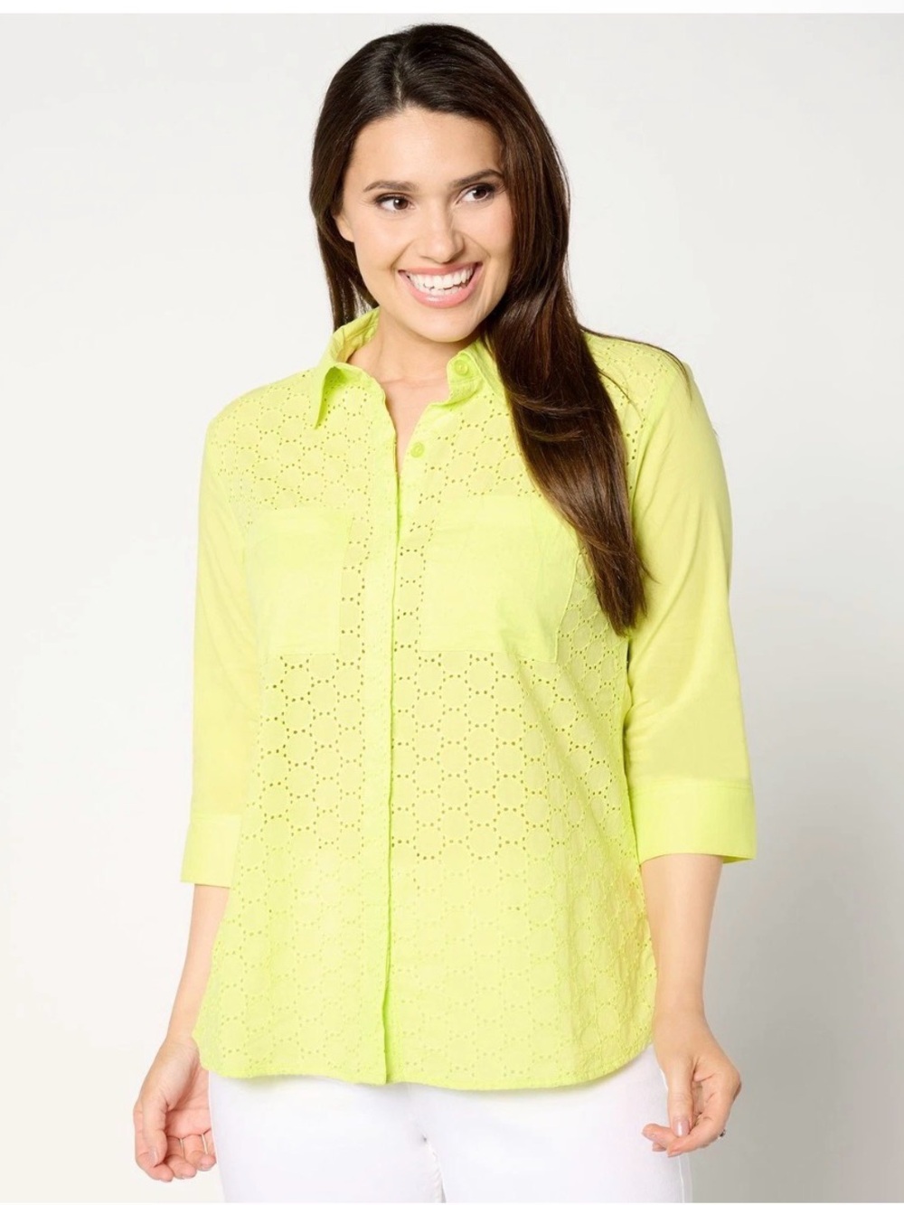 Joan Rivers Neon Lime Eyelet Button-Down Shirt size S